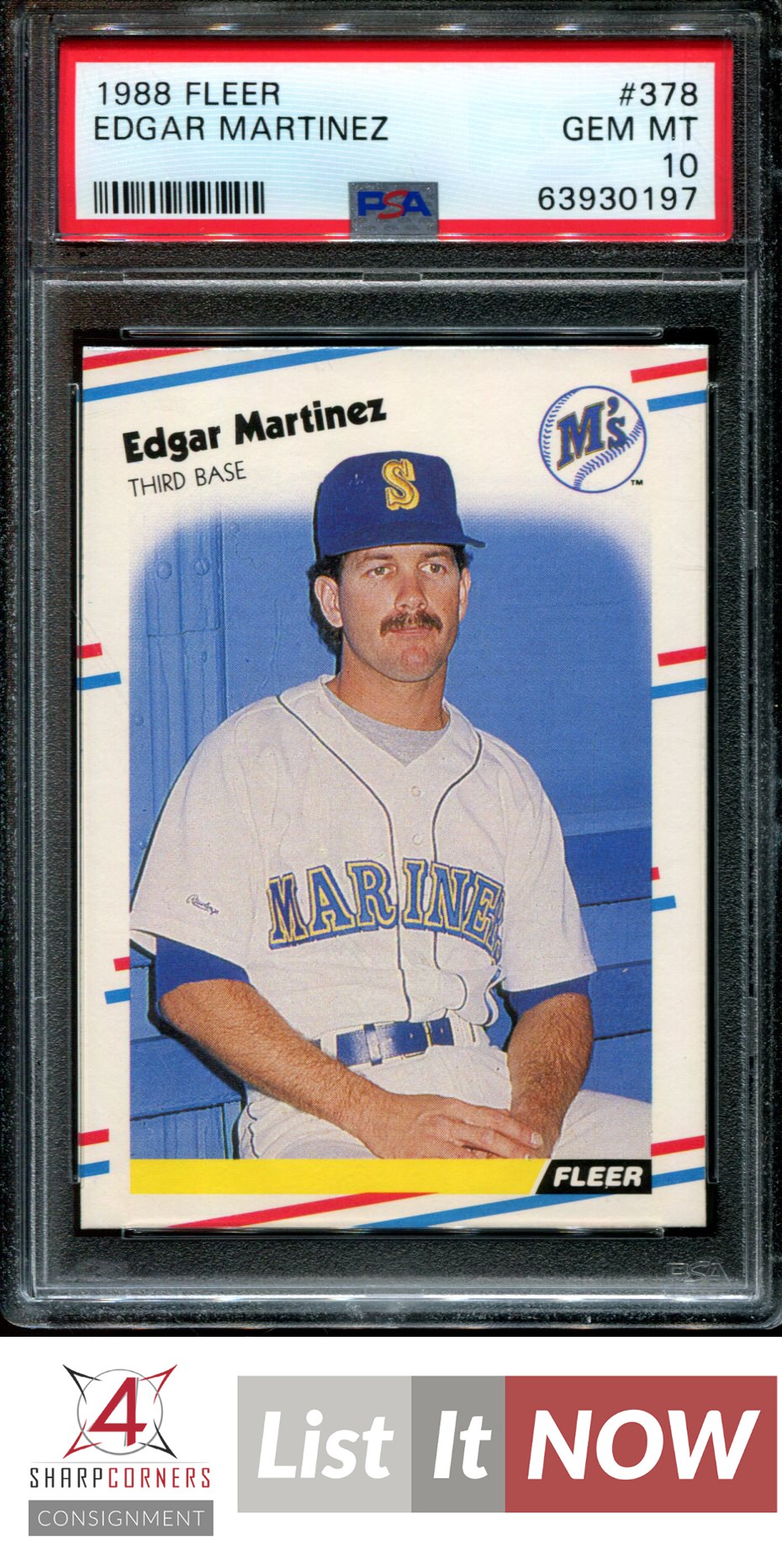 1988 FLEER #378 EDGAR MARTINEZ RC MARINERS HOF PSA 10